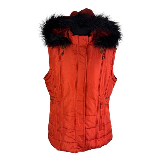 NEW Sporto Orange Rust XL Longline Quilted Jacket Vest Faux Fur Trimmed Hood - Picture 6 of 14